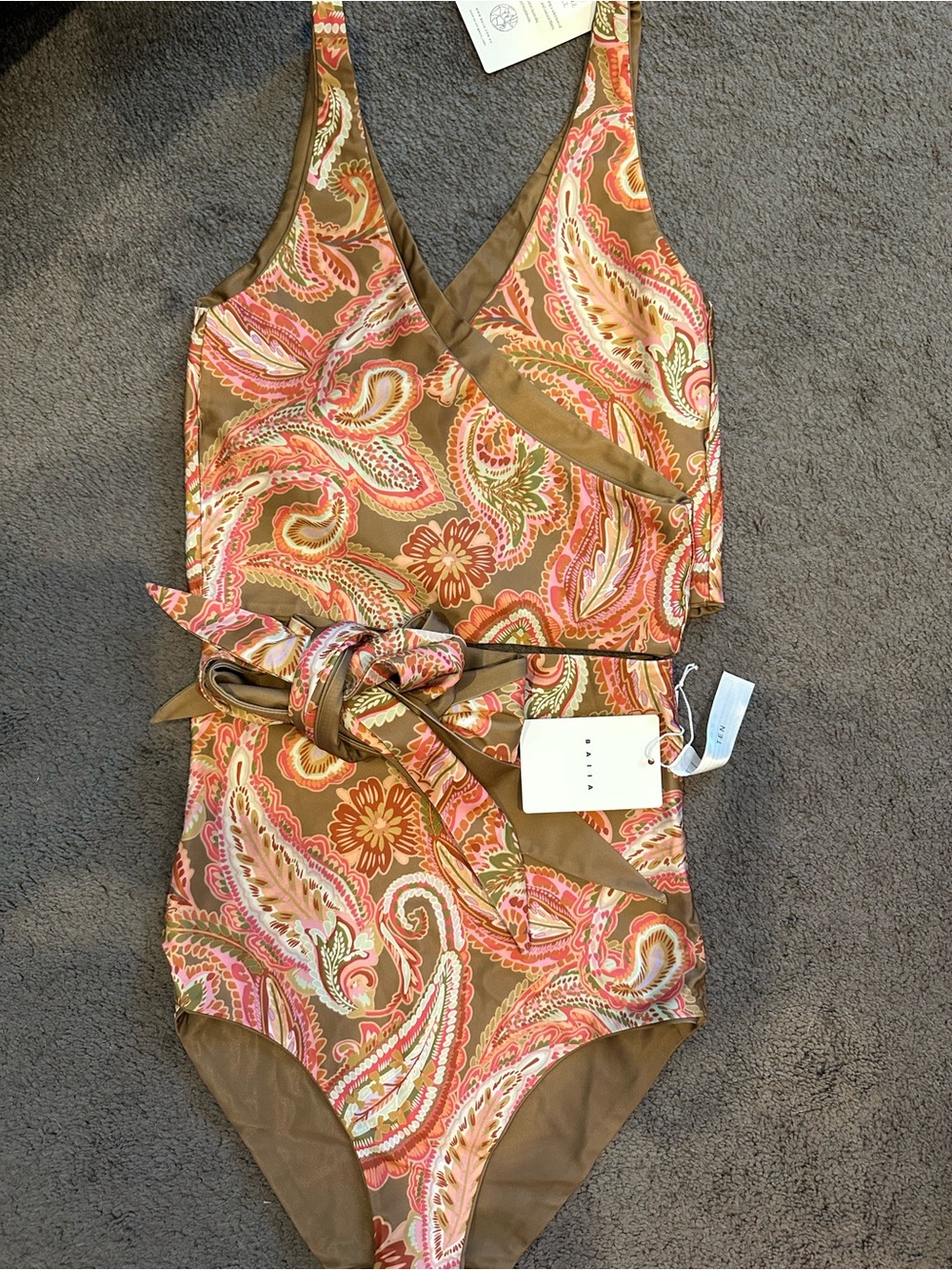 Barcelona Reversible Wrap Two Piece multi way Swimsuit in Olive and Pink Paisley - Picture 3 of 5